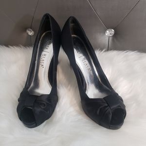 White house black market peep black satin heels